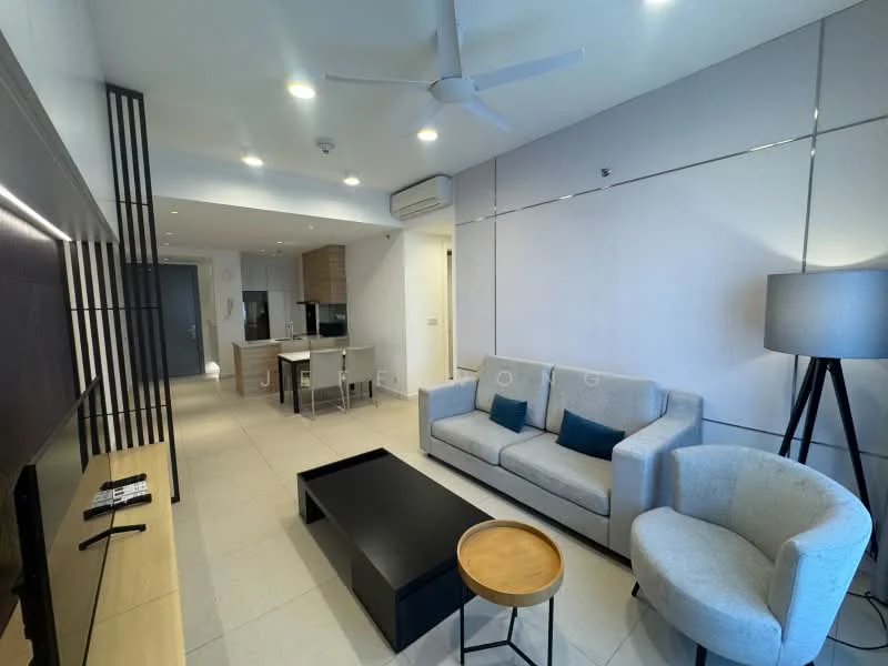 Living features: 3-seater fabric sofa in light grey, 2-seater armchair in light grey, black coffee table, wooden side table, wall-mounted TV, TV console with storage, ceiling fan with light, recessed downlights, light-coloured tiled flooring, decorative cushions in blue, floor lamp, open layout to dining area; style: modern.