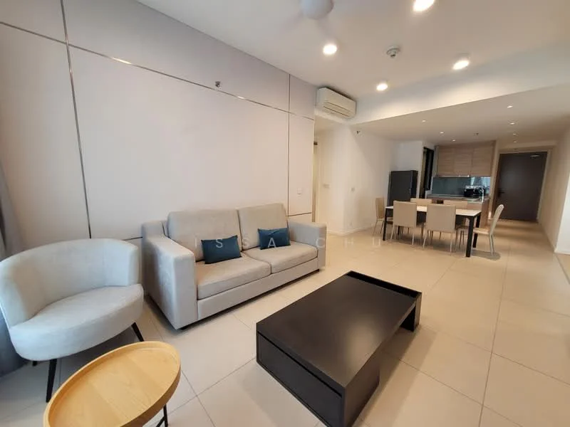 Living features: light grey fabric sofa, black coffee table, 2 accent cushions in navy blue, cream armchair, wall-mounted air conditioning unit, recessed ceiling lights, large windows with sheer curtains, neutral tiled flooring, dining area visible in background, open layout with kitchen, wall-mounted TV console; style: modern.