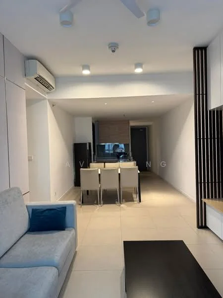 Living features: light grey fabric sofa, blue decorative cushion, black coffee table, wall-mounted TV, white painted walls, recessed downlights, 5-blade ceiling fan, air conditioning unit, tile flooring, dining area with 4 white dining chairs, window with blinds; style: modern.