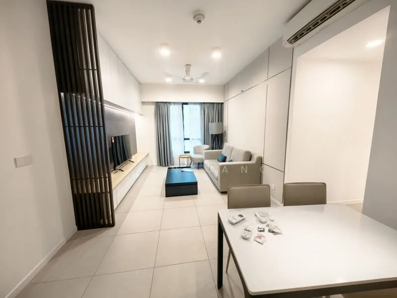 Living features: light grey tiled flooring, white painted walls, ceiling fan with light, wall-mounted TV, wooden TV console, sofa in light beige fabric, coffee table in black, dining table for four, four dining chairs, floor-to-ceiling windows with sheer curtains, recessed lighting, decorative wall paneling; style: modern.