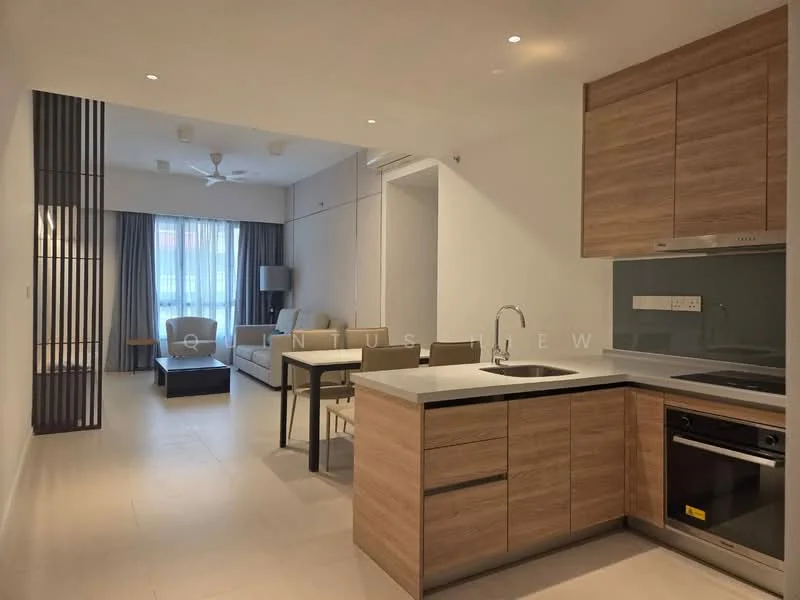 Kitchen features: single-bowl stainless-steel sink, chrome pull-down faucet, quartz countertop, wood cabinetry, built-in oven, stainless-steel range hood, 4-burner gas hob, tile backsplash; style: modern. Living features: 3-seater fabric sofa in light grey, 2-seater armchair, coffee table, TV console, wall-mounted TV, ceiling fan, curtains, area rug; style: modern. Dining features: 4-seater dining table, upholstered dining chairs; style: modern.