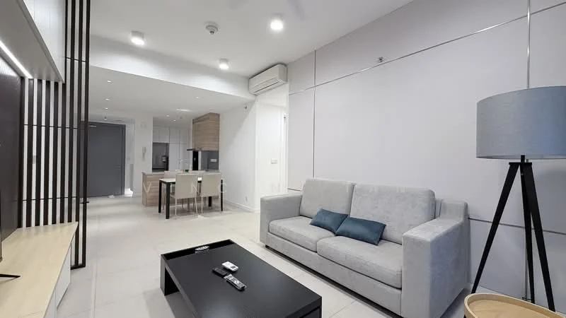 Living features: light grey fabric sofa, blue decorative cushion, black coffee table, wall-mounted TV, TV console, recessed downlights, white painted walls, tile flooring, air conditioning unit, floor-to-ceiling windows, decorative lamp, open layout to kitchen, neutral color palette; style: modern. Kitchen features: kitchen island, stainless-steel appliances, wood cabinetry, white countertops, open shelving, recessed lighting; style: modern.