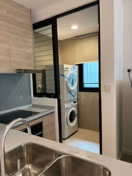 Kitchen features: wood cabinetry, white countertop, stainless-steel sink, chrome pull-down faucet, built-in stove, kitchen island, open shelving; style: modern. Laundry features: front-load washing machine, dryer, tile flooring, window, neutral wall tiles.