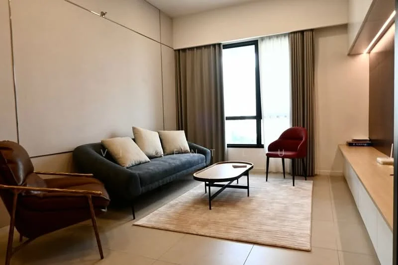 Living features: grey fabric 3-seater sofa, 2 beige throw pillows, red accent chair, wooden coffee table, area rug with neutral color, floor-to-ceiling windows, sheer curtains, curtains in light grey, wall-mounted media console, light-colored wall, tile flooring; style: modern.