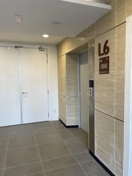 Room features: elevator, white painted walls, light beige tile cladding, grey floor tiles, double doors, elevator control panel, room number signage, recessed lighting; style: modern.