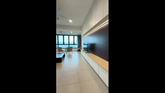 Living features: large floor-to-ceiling windows, light-coloured tiled flooring, white painted walls, built-in entertainment unit with dark wood panel, wall-mounted TV, recessed lighting, ceiling fan, open layout, dining area visible in background, neutral colour palette; style: modern; view: city.