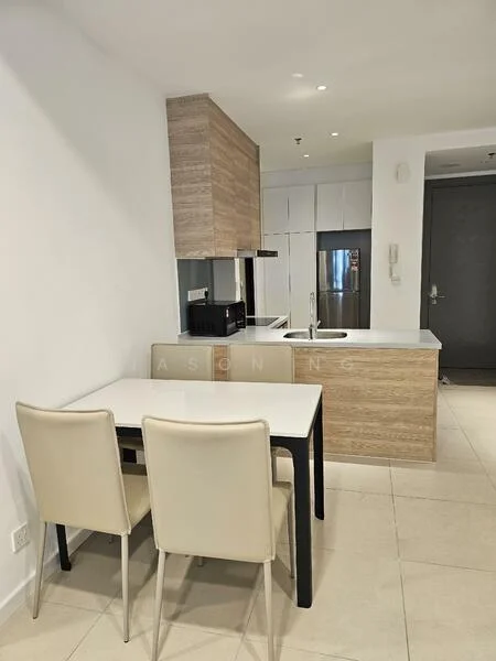 Kitchen features: white cabinets, wooden cabinetry, grey countertop, stainless-steel sink, chrome pull-down faucet, built-in microwave, refrigerator, 2-seater dining table, beige upholstered dining chairs, tile flooring, recessed downlights, open layout; style: modern.