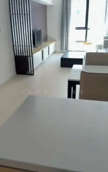 Living features: light-colored tiled flooring, white walls, large floor-to-ceiling windows, TV console, wall-mounted TV, open shelving, neutral-colored curtains, sofa, coffee table, decorative wall panel, dining table, chairs; style: modern.