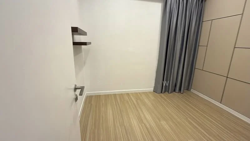 Room features: white painted walls, light wood laminate flooring, grey curtains, shelves on wall, neutral color scheme, no visible furniture; style: modern.