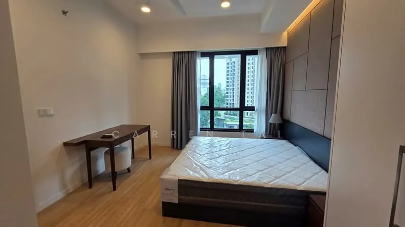 Bedroom features: queen-size bed, wooden flooring, large window with city view, curtains, study desk, chair, wall-mounted light fixtures, built-in wardrobe with sliding doors, neutral wall color, ceiling with recessed lighting; style: modern; view: city.