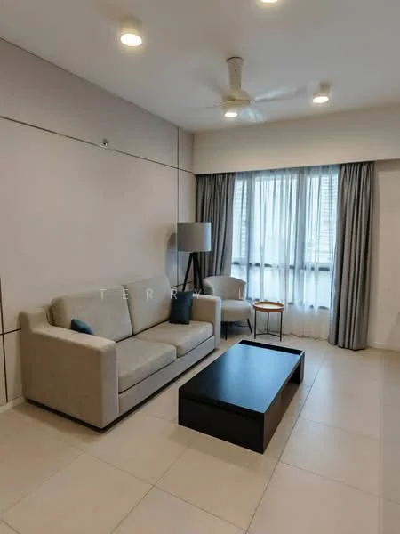Living features: 3-seater fabric sofa in light beige, accent chair in grey, black coffee table, floor lamp, curtains with sheer and blackout layers, ceiling fan, recessed downlights, light-coloured tiled flooring, wall with light paint, window with city view; style: modern; view: city.