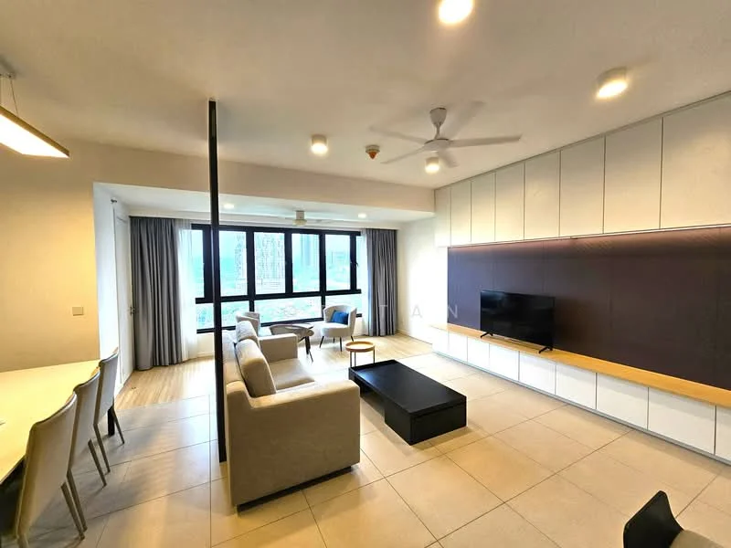 Living features: 3-seater fabric sofa in light grey, 2-seater fabric sofa in light grey, coffee table in black, TV console with wall-mounted TV, floor-to-ceiling windows, curtains in light grey, ceiling fan with light, recessed downlights, light-colored wall with wood paneling, tile flooring in light beige, open layout to dining area, decorative wall with built-in shelving; style: modern; view: city.
