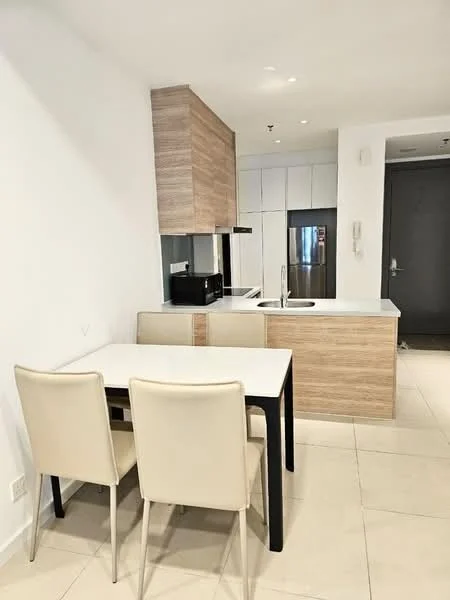 Kitchen features: white painted walls, light-colored cabinetry, wooden cabinetry, marble countertop, stainless-steel sink, chrome pull-down faucet, built-in microwave, stainless-steel fridge, 2-seater dining table, cream upholstered dining chairs, tile flooring, recessed downlights; style: modern.
