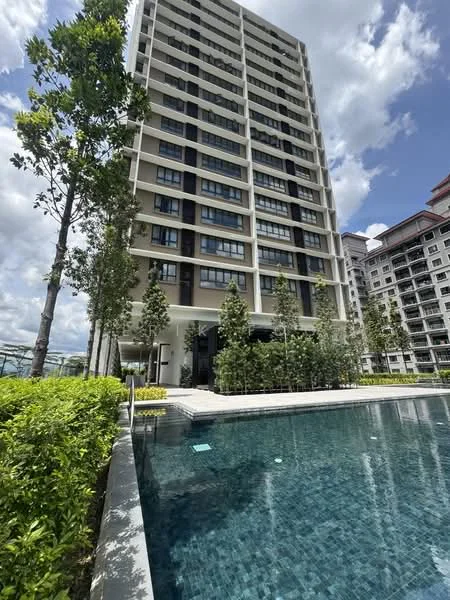 Exterior type: high-rise condominium; features: glass curtain wall, white painted facade, recessed balconies, manicured lawn, mature trees, infinity pool, pool deck with loungers, surrounded by greenery; style: modern.