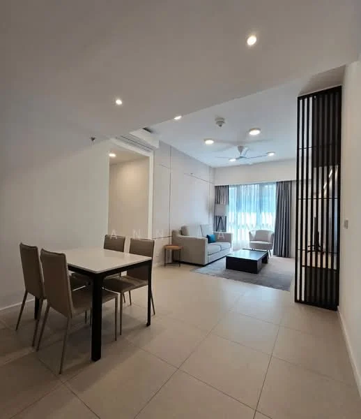 Living features: light grey walls, white ceiling with recessed downlights, 5-blade ceiling fan, floor-to-ceiling windows with sheer curtains, grey fabric sofa, coffee table, dining table with 4 chairs, area rug, TV console, decorative wall panel, tile flooring; style: modern.