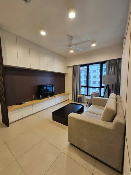 Living features: 3-seater fabric sofa in beige, black coffee table, wall-mounted TV, white cabinetry with storage, grey accent wall, floor-to-ceiling windows, sheer curtains, ceiling fan with light, recessed downlights, tile flooring; style: modern.