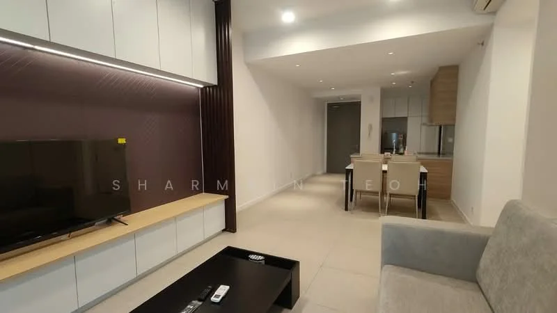 Living features: light grey fabric sofa, black coffee table, wall-mounted TV, white cabinetry with storage, recessed lighting, cream tiled flooring, dark accent wall, open layout to dining area; style: modern. Dining features: 4-seater dining table, upholstered dining chairs, kitchen area visible in background, white cabinetry, wooden accents, recessed lighting; style: modern.