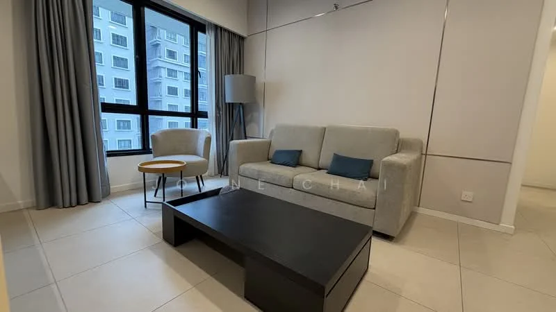 Living features: grey fabric sofa, 2-seater sofa, coffee table, side table, floor lamp, curtains, large window, tile flooring, neutral wall color, decorative cushions; style: modern; view: city.
