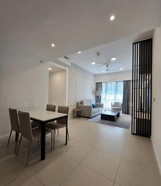 Living features: 3-seater fabric sofa in light grey, coffee table, TV console, wall-mounted TV, area rug, floor-to-ceiling windows, sheer curtains, 5-blade ceiling fan with light, recessed downlights, light-coloured walls, tile flooring, open layout to dining area; style: modern; view: city. Dining features: 4-seater dining table, upholstered dining chairs, black table legs, tile flooring; style: modern.