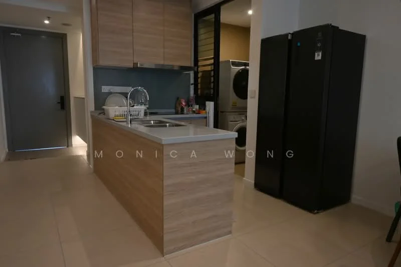 Kitchen features: laminate countertop, wood cabinetry, single-bowl stainless-steel sink, chrome pull-down faucet, built-in oven, freestanding fridge in black, dishwasher, tile flooring, recessed downlights, open shelving, washer and dryer in closet, neutral wall colour; style: modern.