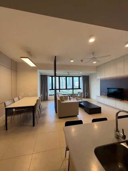 Living features: 5-blade ceiling fan with light, floor-to-ceiling windows, grey sofa, coffee table, TV console, wall-mounted TV, dining table for 6, light-colored walls, tile flooring, curtains, open layout; style: modern; view: city. Kitchen features: stainless-steel sink, chrome pull-down faucet, kitchen island, white cabinetry, countertop with light color, built-in appliances; style: modern.