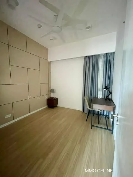 Room features: light wood flooring, cream painted walls, accent wall with geometric pattern, ceiling fan, floor-to-ceiling window with sheer curtains, study desk, desk lamp, side table, table lamp; style: modern.