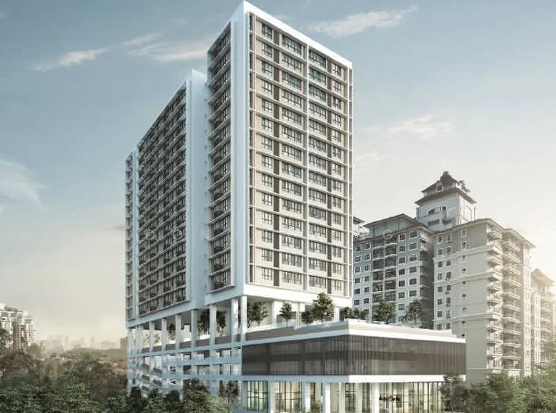 Exterior type: high-rise condominium; features: glass curtain wall, white painted facade, recessed balconies, multiple storeys, surrounded by greenery, elevated structure, modern architectural design; style: modern.