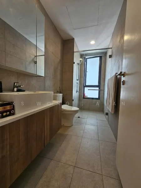 Bathroom features: single-sink vanity with wood cabinet, chrome basin mixer faucet, framed mirror, one-piece toilet, walk-in shower with glass enclosure, rain shower head, tile cladding on walls, ceramic tile flooring, window for natural light, towel rack, light fixture in ceiling; style: modern.