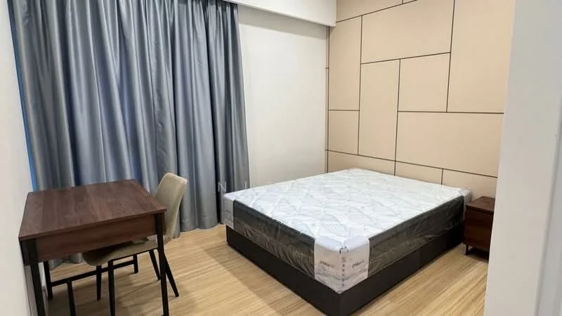 Bedroom features: queen-size bed, wooden bed frame, mattress with protective cover, study desk, fabric dining chair, laminate flooring, grey curtains, accent wall with paneling, nightstand; style: modern.