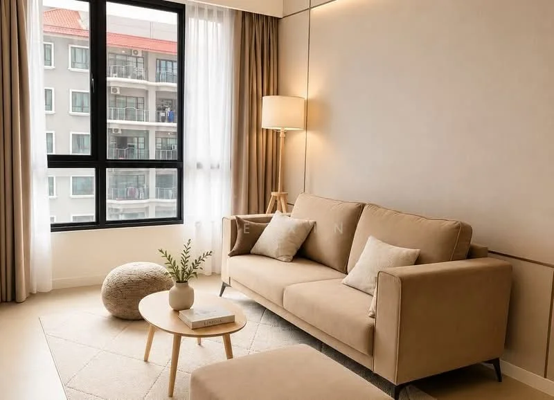 Living features: beige fabric sofa, two decorative pillows, light wood coffee table, area rug with geometric pattern, floor-to-ceiling windows, sheer curtains, lamp with fabric shade, decorative plant in ceramic pot, neutral painted walls, light-colored flooring; style: modern; view: city.