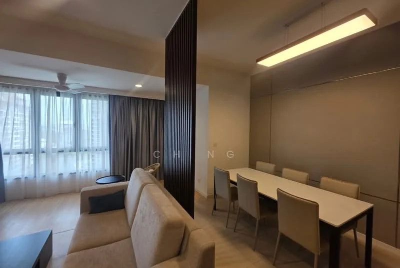 Living features: 3-seater fabric sofa in beige, coffee table, floor-to-ceiling windows, curtains, ceiling fan, light wood flooring, wall-mounted TV, decorative wall paneling; style: modern; view: city. Dining features: 6-seater dining table, upholstered dining chairs, pendant light, neutral wall color, wood panel accent wall; style: modern.