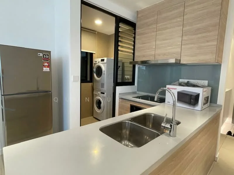 Kitchen features: single-bowl stainless-steel sink, chrome pull-down faucet, white quartz countertop, wood cabinetry, built-in oven, stainless-steel fridge, microwave, ceramic tile backsplash, recessed downlights, washer and dryer in laundry area, sliding glass door to laundry area; style: modern.