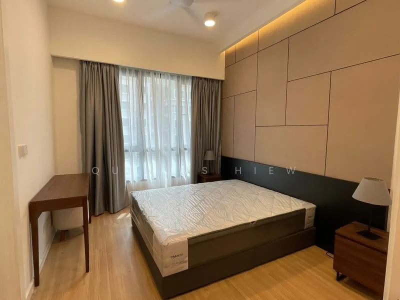 Bedroom features: queen-size bed, upholstered headboard, bedside lamps, wooden bedside table, wooden desk, floor-to-ceiling windows, sheer curtains, grey accent wall, light wood flooring, recessed lighting, ceiling fan; style: modern.