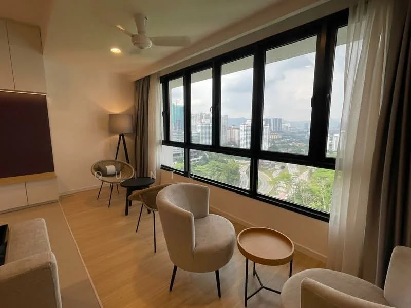 Living features: floor-to-ceiling windows, city view, light grey walls, wooden flooring, 5-blade ceiling fan, recessed downlights, two beige armchairs, round side table, floor lamp, small round coffee table; style: modern; view: city.