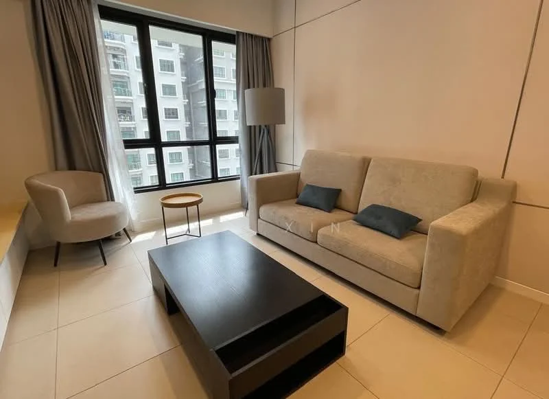 Living features: 3-seater fabric sofa in light grey, 2 accent pillows in dark blue, wooden coffee table with black finish, round side table with metal legs, armchair in light fabric, floor lamp with cylindrical shade, large window with sheer curtains, tile flooring in light beige, neutral painted walls, minimalist decor; style: modern; view: city.