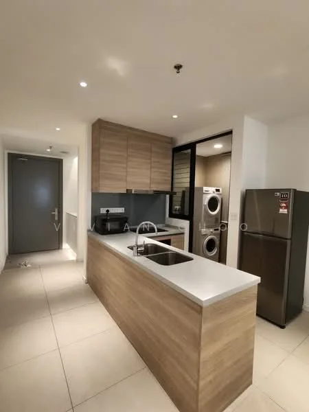 Kitchen features: laminate cabinetry in wood finish, grey quartz countertop, single-bowl stainless-steel sink, chrome pull-down faucet, built-in oven, freestanding range oven, stainless-steel fridge, front-load washing machine, ceramic tile flooring, recessed LED downlights, open shelving, wall-mounted microwave; style: modern.
