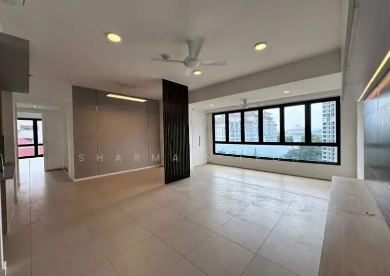 Living features: large floor-to-ceiling windows, white painted walls, light-colored tile flooring, ceiling fan, recessed downlights, black accent wall, open layout, view of city skyline; style: modern; view: city.