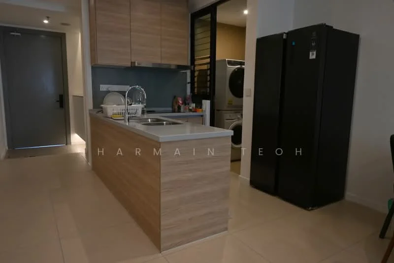 Kitchen features: kitchen island with wood cabinetry, grey countertop, single-bowl stainless-steel sink, chrome pull-down faucet, built-in oven, freestanding fridge, open shelving, wall-mounted cabinets, tile flooring, recessed downlights; style: modern. Laundry features: stacked washer and dryer, grey cabinetry.