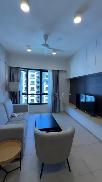 Living features: 3-seater fabric sofa in light grey, coffee table, wall-mounted TV, TV console, floor-to-ceiling windows, curtains, ceiling fan, recessed downlights, light grey tiled flooring, built-in cabinetry, decorative wall paneling; style: modern; view: city.
