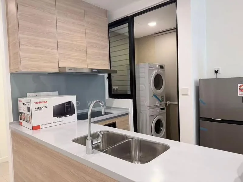 Kitchen features: light wood cabinetry, white quartz countertop, stainless-steel double-bowl sink, chrome pull-down faucet, built-in microwave, stainless-steel fridge, recessed lighting, glass sliding door to laundry area, grey backsplash, washer-dryer combo, open shelving; style: modern. Laundry features: washer-dryer combo, grey walls, sliding glass door, ventilation window.