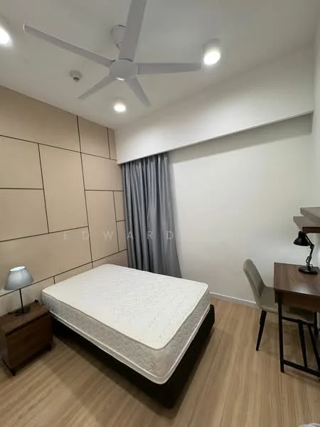 Bedroom features: queen-size bed, wooden flooring, grey curtains, 5-blade ceiling fan with light, wall-mounted study desk, wooden chair, nightstand, table lamp, accent wall with paneling, recessed lighting; style: modern.