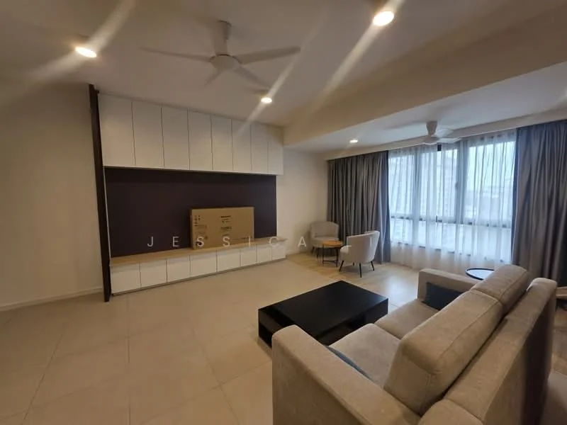 Living features: beige fabric sofa, coffee table, TV console, wall-mounted TV, floor-to-ceiling windows, sheer curtains, recessed downlights, ceiling fan, light-coloured tiled flooring, feature wall with dark paint, built-in cabinetry, decorative wall panel; style: modern; view: city.