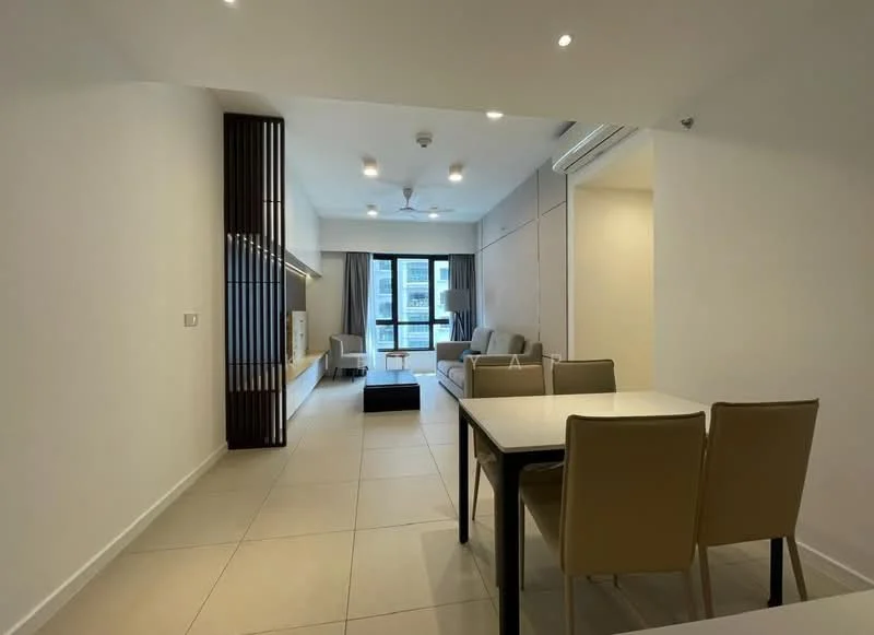 Living features: light-colored walls, tile flooring, 5-blade ceiling fan with light, sofa in light grey, coffee table, TV console, wall-mounted TV, dining table with 4 chairs, floor-to-ceiling windows, curtains, recessed downlights, built-in cabinetry; style: modern; view: city.