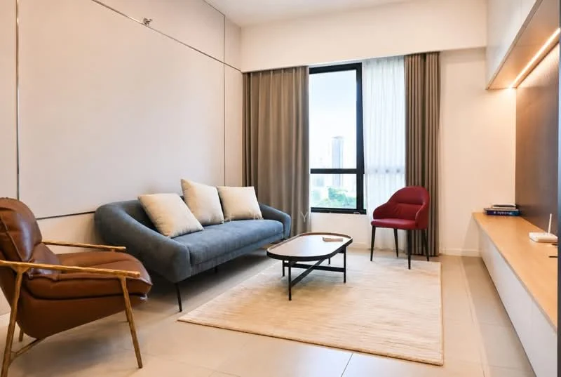 Living features: grey fabric sofa, 3-seater sofa, 2 accent chairs in brown and red, wooden coffee table, area rug, floor-to-ceiling windows, sheer curtains, light-colored walls, recessed lighting, wooden shelf, neutral-colored flooring; style: modern; view: city.