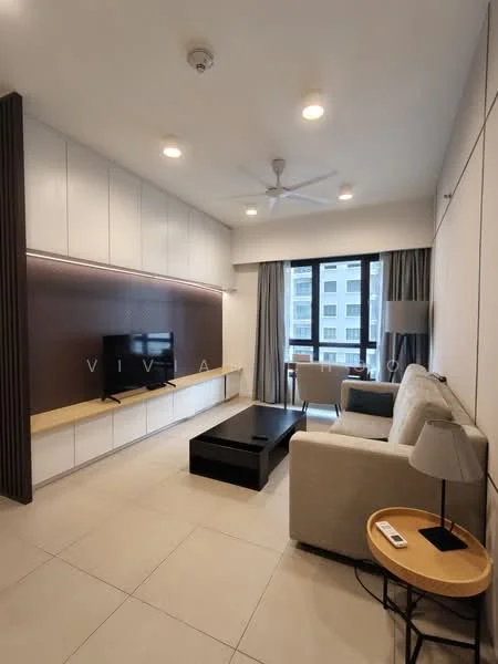 Living features: light-colored fabric sofa, coffee table, TV console, wall-mounted TV, built-in cabinetry with white finish, dark accent wall, ceiling fan with light, large window with sheer curtains, laminate flooring, decorative table lamp, area rug; style: modern.