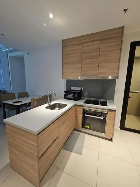 Kitchen features: wood cabinetry with light finish, white quartz countertop, single-bowl stainless-steel sink, chrome pull-down faucet, built-in oven, stainless-steel dishwasher, ceramic tile flooring, grey backsplash, recessed downlights, open shelving, kitchen island, microwave, dining area visible in background; style: modern.