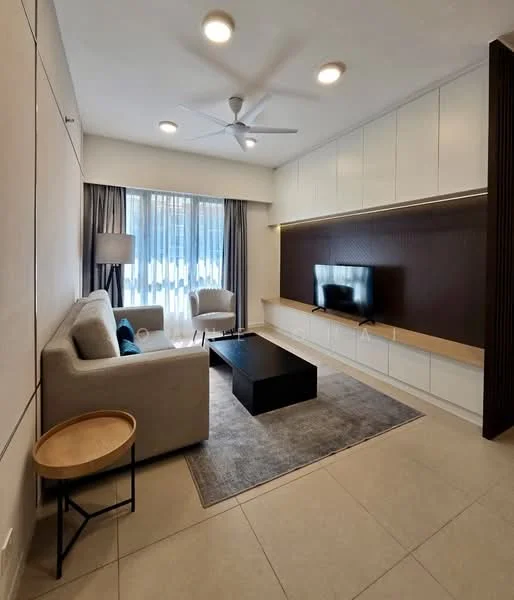 Living features: 3-seater fabric sofa in light grey, coffee table in black, area rug in neutral tones, wall-mounted TV, built-in cabinetry with wood accents, floor-to-ceiling windows with sheer curtains, ceiling fan with light, lampshade floor lamp, light-colored wall with paneling, recessed ceiling lights, neutral tile flooring; style: modern.