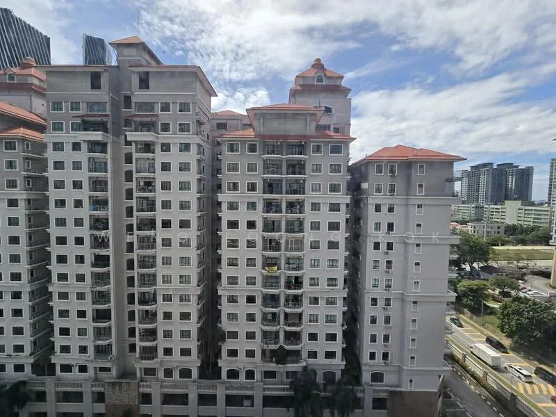 Exterior type: mid-rise condominium; features: cream painted facade, red tiled roof, recessed balconies, multiple windows, decorative cornices, surrounded by greenery, urban context with nearby buildings, approximately 10-storey high-rise; style: modern.