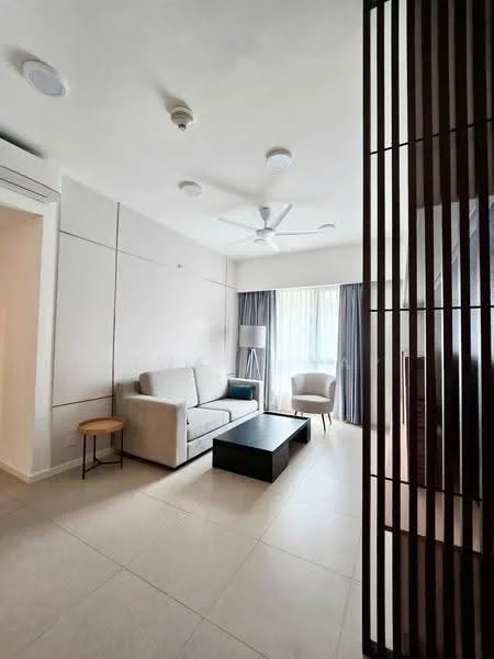 Living features: 3-seater fabric sofa in light grey, coffee table in black, floor-to-ceiling windows, sheer curtains, dark wood partition, ceiling fan with light, light-coloured tiled flooring, white painted walls, wall-mounted air conditioning unit; style: modern.