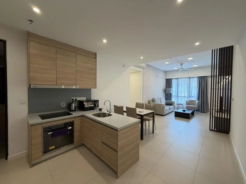 Kitchen features: light wood cabinetry, grey backsplash, white countertop, single-bowl stainless-steel sink, chrome pull-down faucet, built-in oven, stainless-steel dishwasher, ceramic tile flooring, recessed downlights; style: modern. Living features: 3-seater fabric sofa in light grey, coffee table, TV console, wall-mounted TV, area rug, ceiling fan with light, large window with sheer curtains, ceramic tile flooring; style: modern.